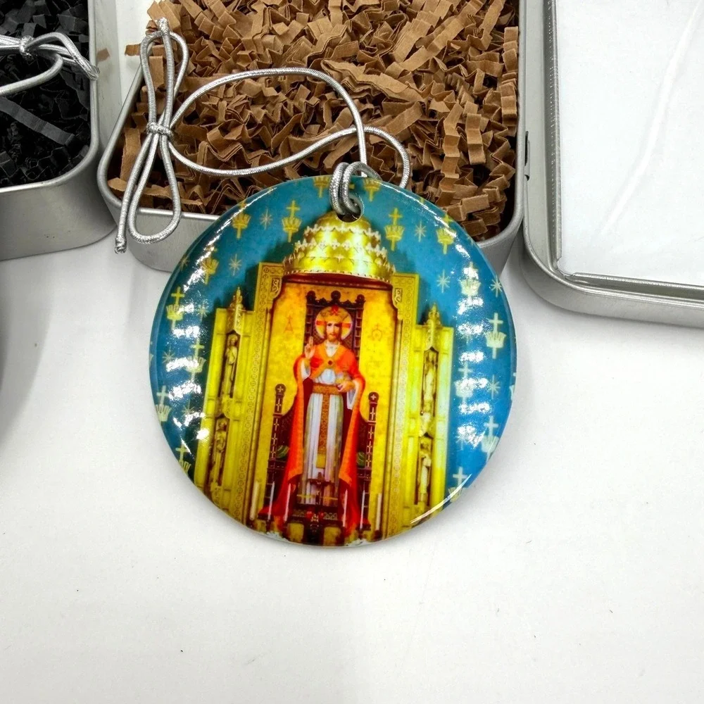 Set of 2 Religious Stained Glass Style Jesus Christ Nativity Ornaments with Tins